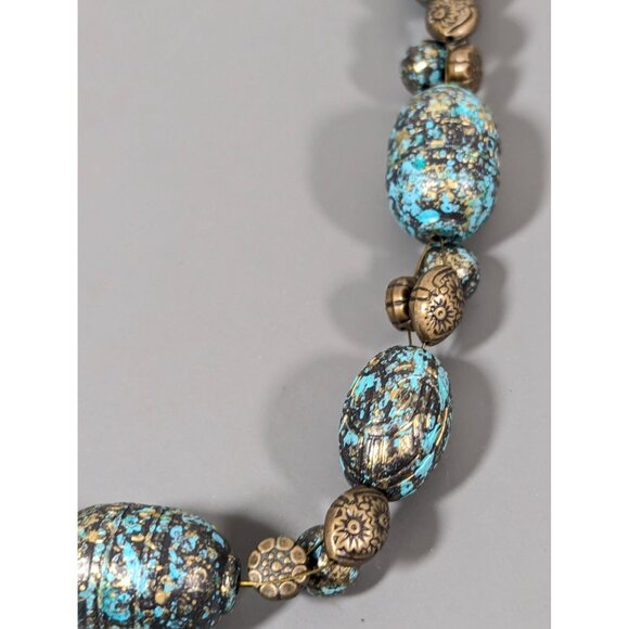 Bronze Tone Green Patina Faux Stone Statement Necklace 20" Tribal Boho - Picture 4 of 9